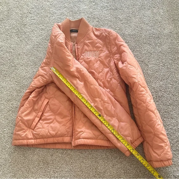 Obey Quilted Pink / Peach Embroidered Logo Puffer Jacket size Medium - Picture 11 of 12